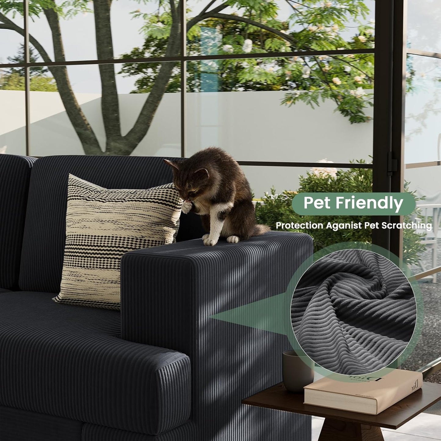 2 Pieces Corduroy Couch Set for Living Room, Black Cloud Sofa, Deep Seat Floor Couch for Bedroom, Futon Modern Sofa Sectional Bed, Black Corduroy