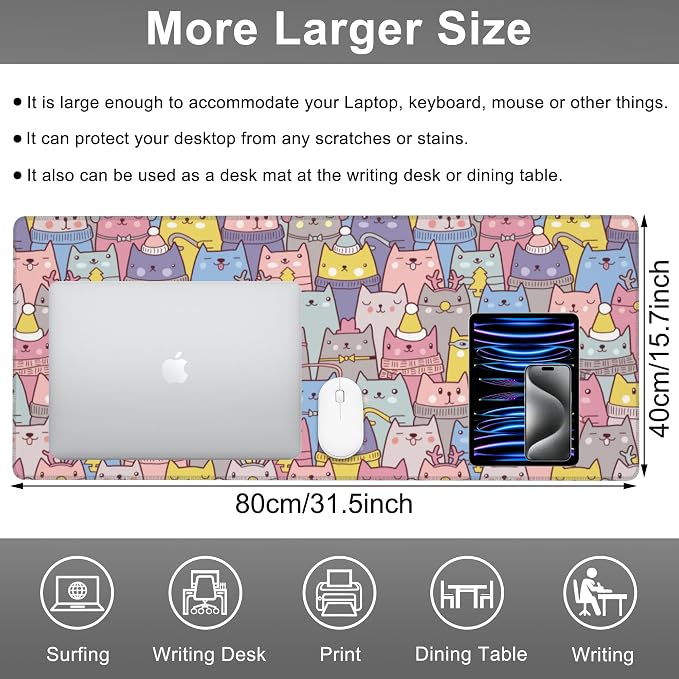 Mouse Pad, Large Cute Christmas Cats Desk Mat, Extended Non-Slip Gaming - Image 2