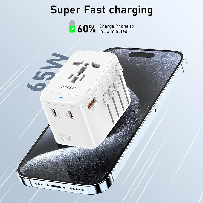 VYLEE Travel Plug Adapter, 65W Fast GaN Travel Charger, International Plug - Image 2