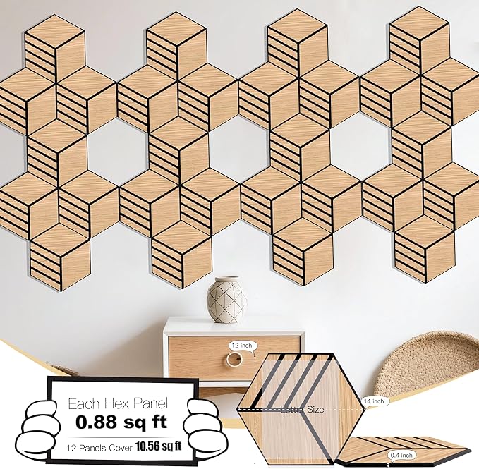 Mollywell Hexagon Acoustic Panels, Natural Oak S4, 12 Pack |Wood Veneer|High - Image 2