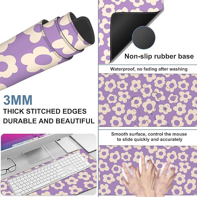 Vintage Groovy Flowers Gaming Mouse Pad 3mm Thick Stitched Edge Waterproof - Image 2