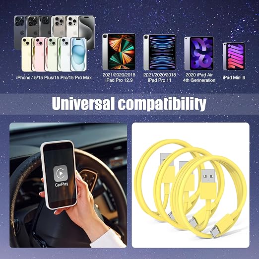 3-Pack Yellow USB A to USB C Cable，USB to USB C Car Carplay Cable - Image 6