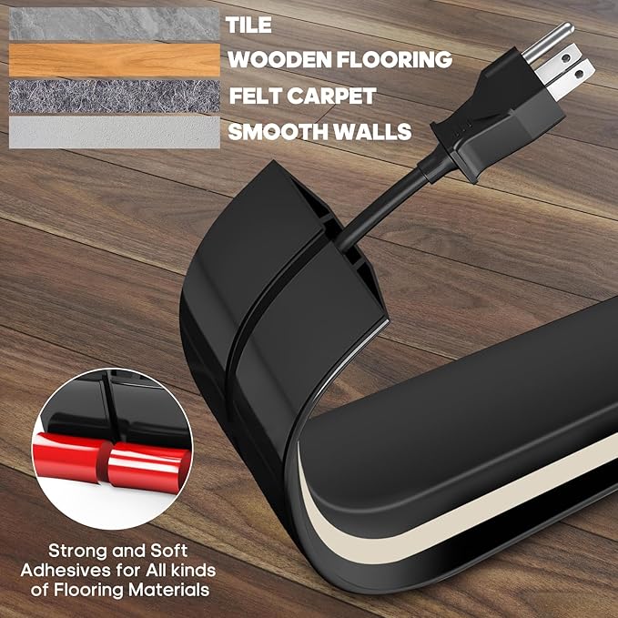 10ft Large Black Floor Cord Cover, Self-2" x 0.6", Cable Cavity:0.8" x 0.4" - Image 3