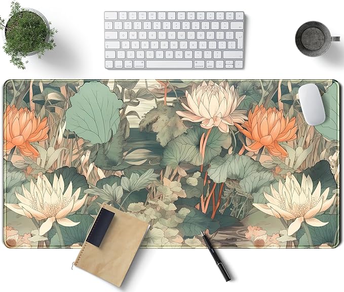 Light Emerald and Orange Floral Desk Mat, XXL Large Extended Mouse Pad Gaming by TENG+DA+QING