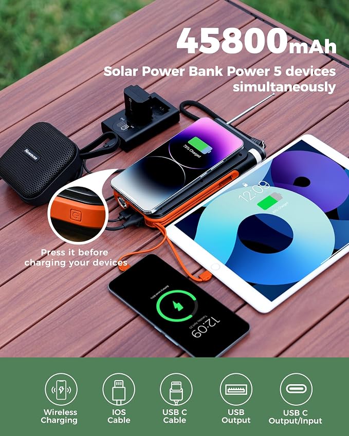 GOODaaa Solar Power Bank, 45800mAh Wireless Portable Charger Built-in Cables - Image 2