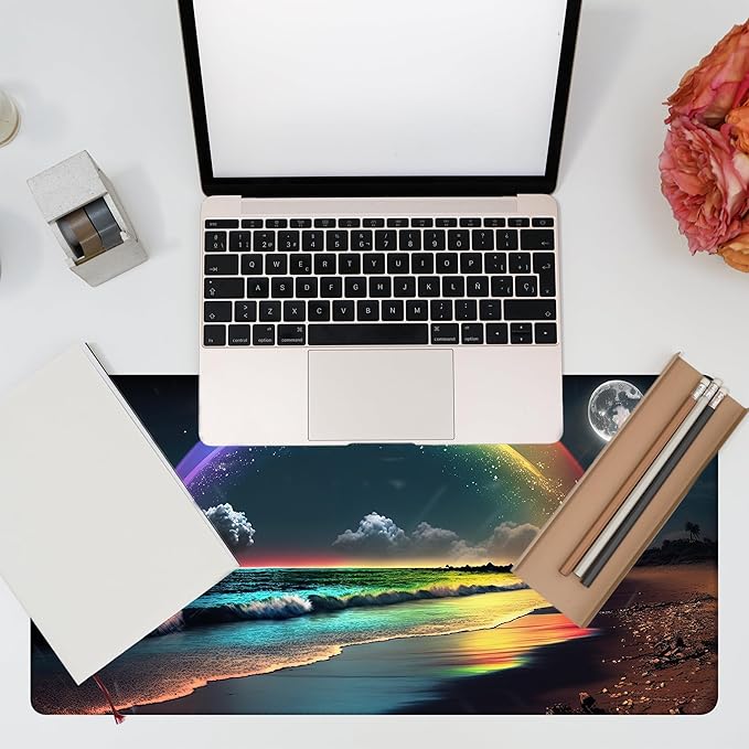Desk Mat, Rainbow and Full Moon Desk Pad, Beach at Night Large Gaming Mouse Pad - Image 7