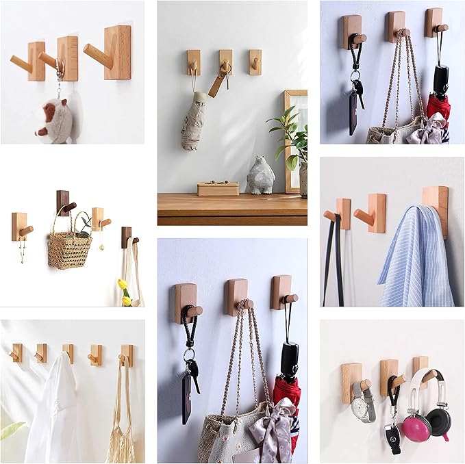 HomeDo 4Pack Adhesive Wall Hooks Hat Rack, Wooden Coat Hooks Wall Mounted - Image 6