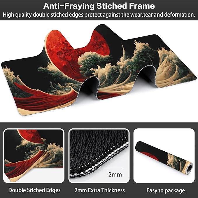 Red Moon Above The Sea Desk Mat, Large Chinese Style Landscape Gaming Keyboard - Image 3