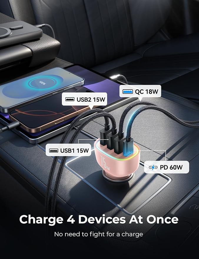 USB C Car Charger Cigarette Lighter Adapter 75W 4-Port Fast Car Charger Fast - Image 7