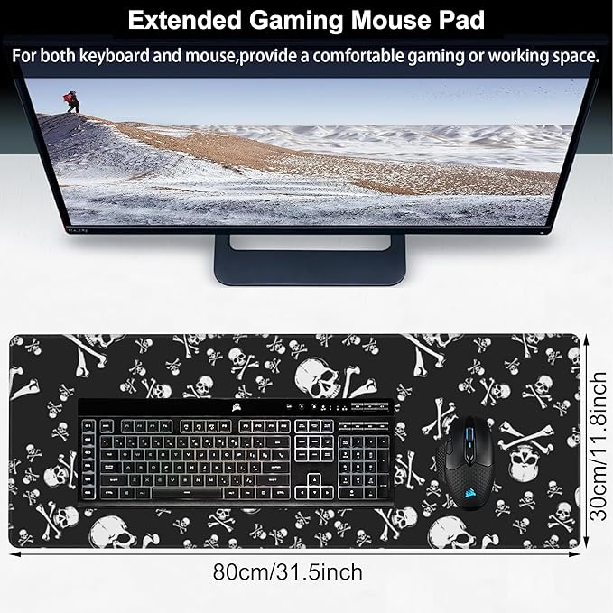 Skull Head Desk Mat, Large Pirate Skull Crossbones Gaming Keyboard Mouse Pad - Image 2