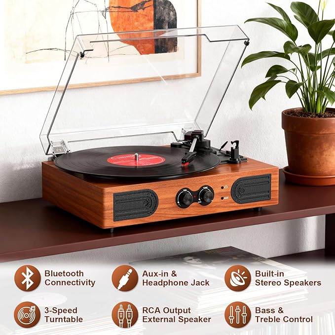 Vinyl Record Player with Walnut Finish, 3-Speed Belt-Drive Turntable with - Image 5