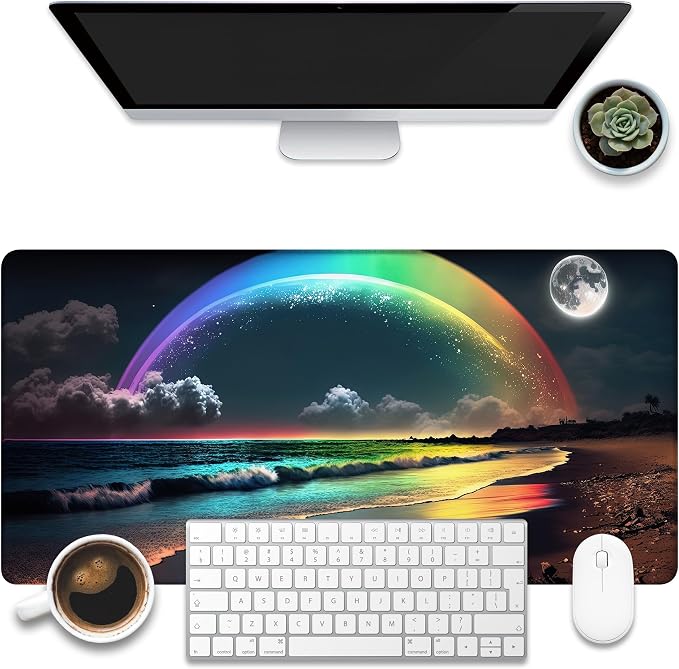 Desk Mat, Rainbow and Full Moon Desk Pad, Beach at Night Large Gaming Mouse Pad by KOAIWPAE