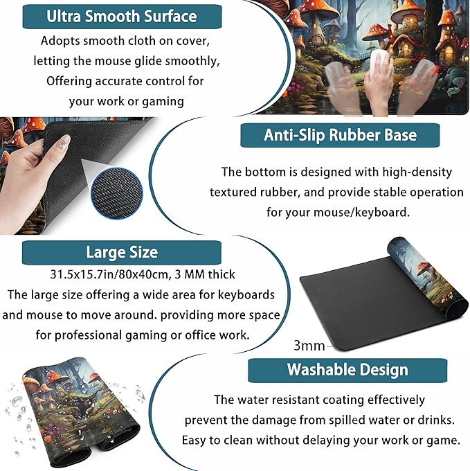 Cute Anime Mushroom Desk Pad Floral Desk Mat, XXL Large Extended Mousepad - Image 3