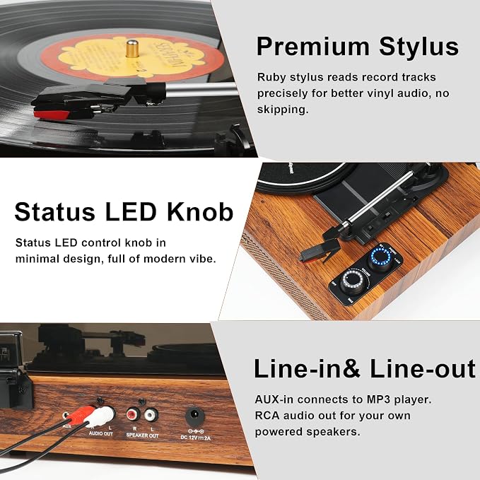 Vinyl Record Player with External Speakers, 3 Speed Bluetooth Turntable - Image 8