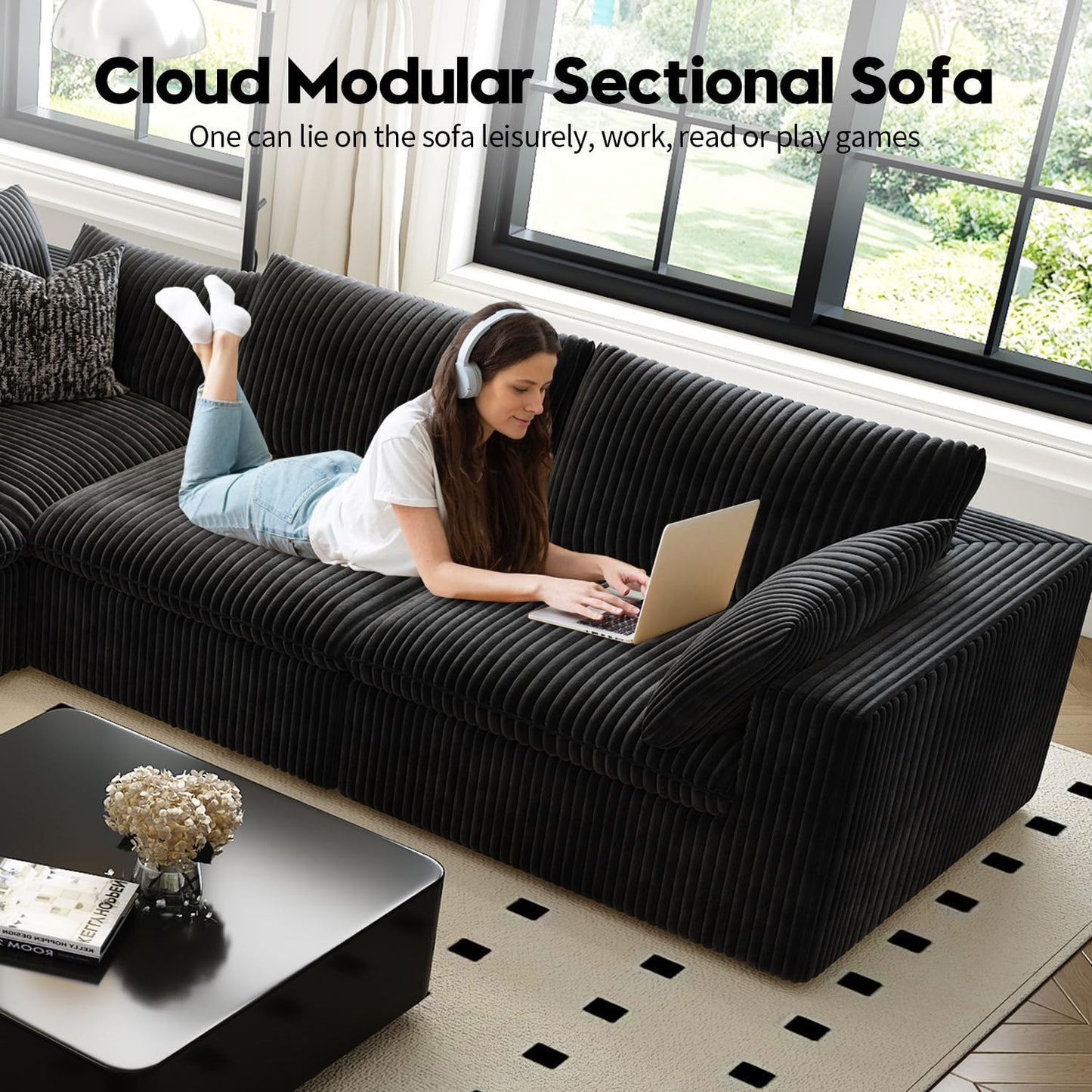 118" Cloud Couch Oversized Modular Sectional Sofa for Living Room,Modern Sofa with Deep Seat，V Shaped Boneless Couch,Comfy Upholstered Corduroy Couches for Apartment, Studio, Office,Bedroom，Black