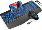 Wireless Keyboard and Mouse Backlits, Wrist Rest, LED Mouse, Rechargeable by SABLUTE