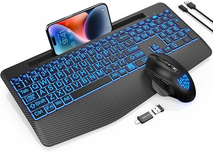Wireless Keyboard and Mouse Backlits, Wrist Rest, LED Mouse, Rechargeable by SABLUTE
