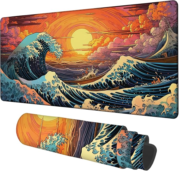Gaming Desk Pad Large Extra Length Japanese Blue Waves Mouse Pad Keyboard by Unknown