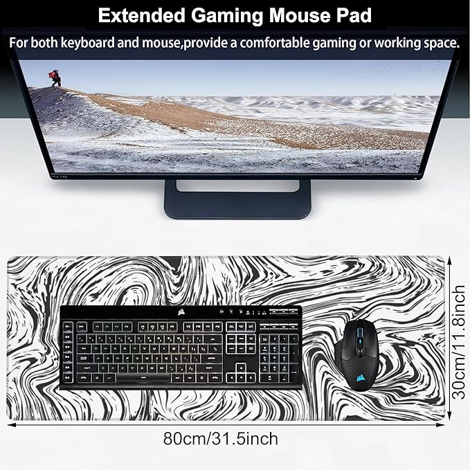 Black and White Marble Desk Mat, Large Abstract Marble Texture Gaming Keyboard - Image 2