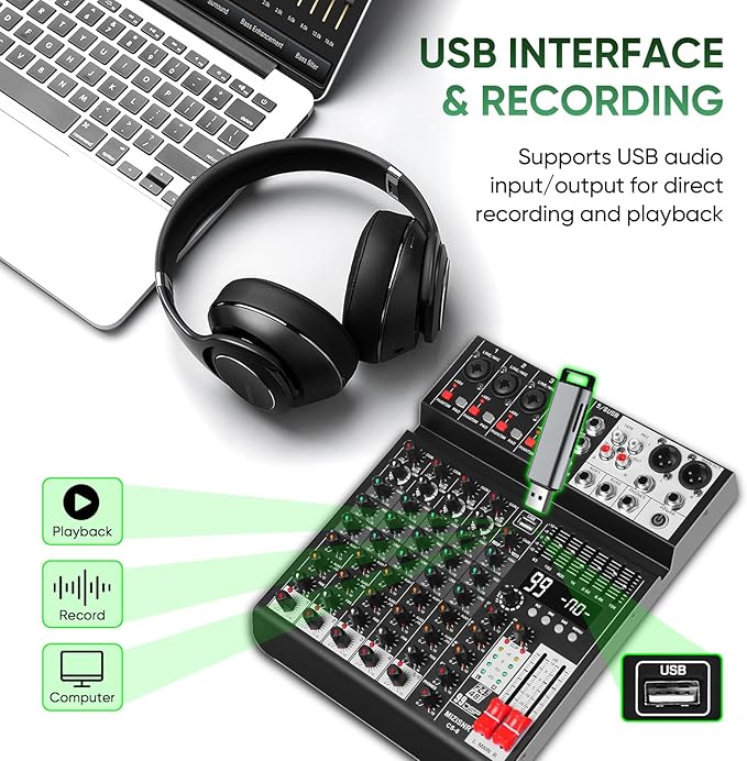 Audio Mixer 6 Channel Sound Mixer Console, Professional Music Mixing Board DJ - Image 4