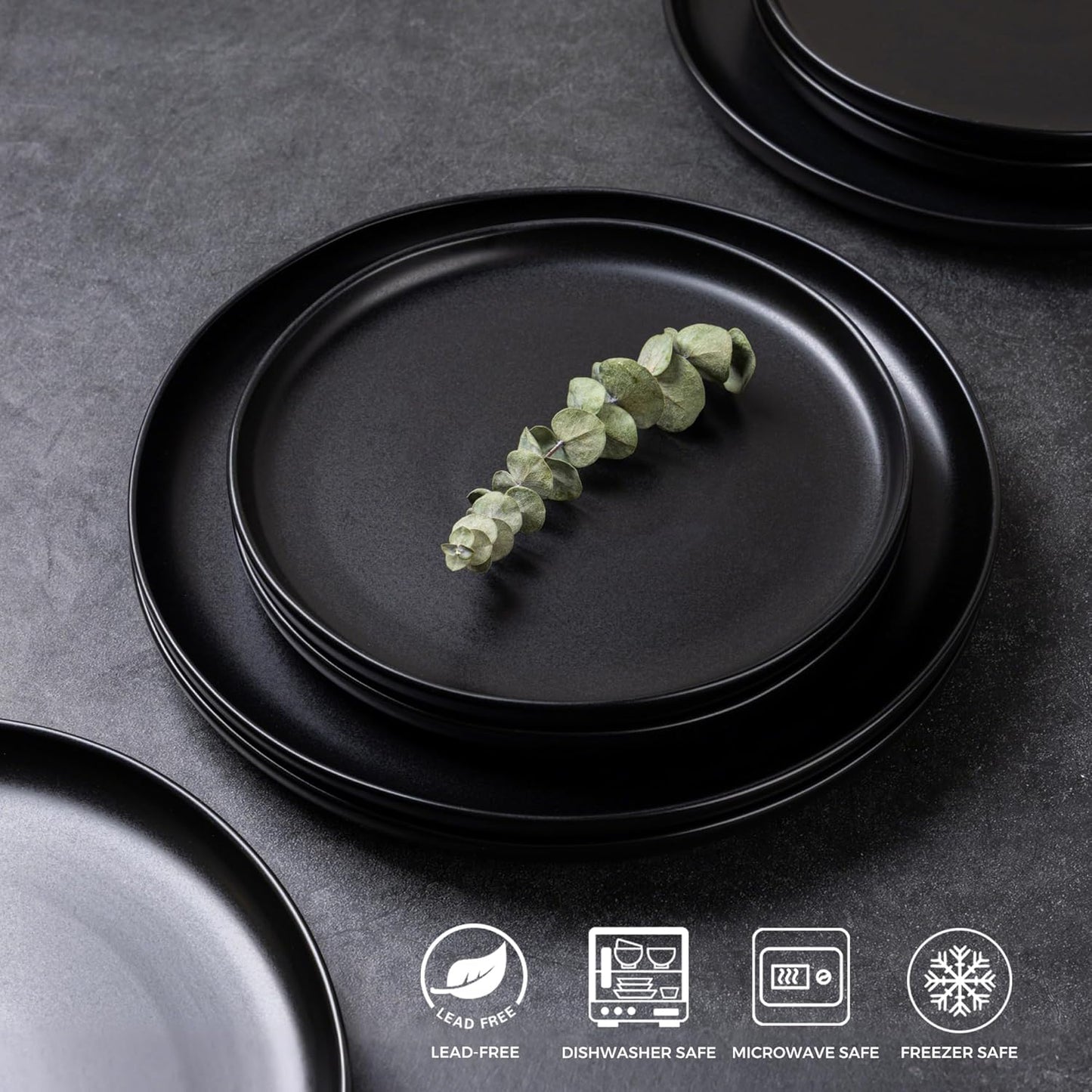 AmorArc Ceramic Dinnerware Sets, Wavy Rim Stoneware Plates and Bowls Sets, Highly Chip and Crack Resistant | Dishwasher & Microwave & Oven Safe Dishes set, Service for 4 (12pc)-Matte Black