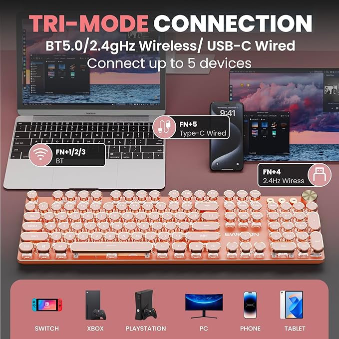 EWEADN V20 Typewriter Keyboard Wireless, 104 Keys Typewriter Style Mechanical - Image 3