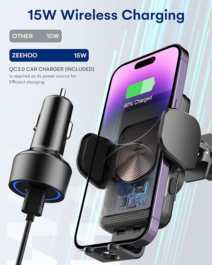 ZeeHoo Wireless Car Charger, 15W Fast Charging Auto-Clamp Car Mount, Windshield - Image 2