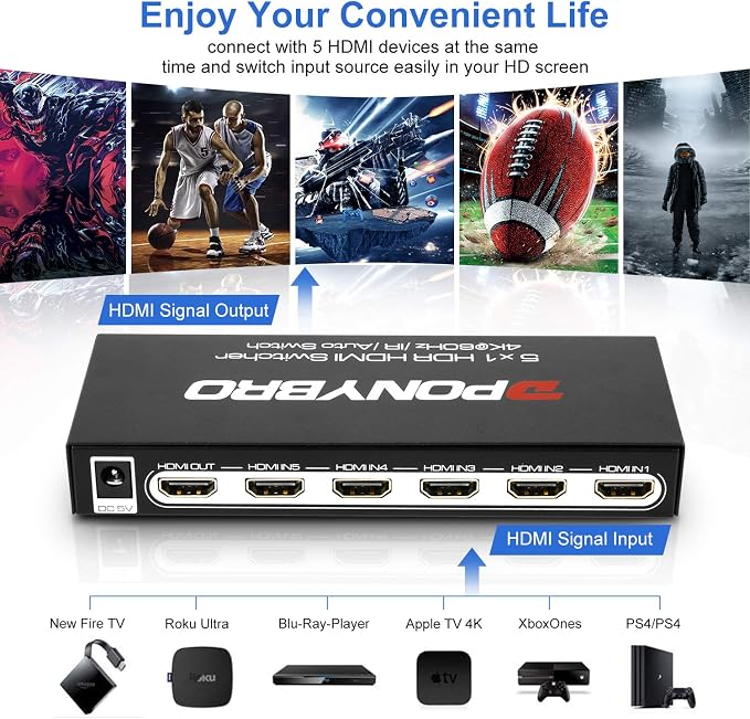 HDMI 2.0 Switch 5 Port 4K@60Hz Auto-Switching – 5 in 1 Out - Image 2