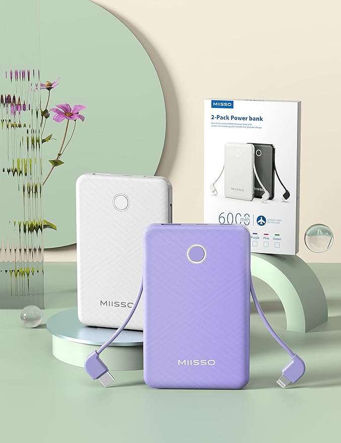 2-Pack 6000mah Ultra Slim Built in Cables Power Bank, Card Size Built in USB C - Image 5
