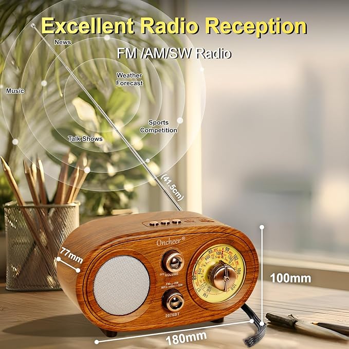 Oncheer Portable Retro Vintage Bluetooth Speaker Radio, FM/AM/SW 3 Band - Image 5