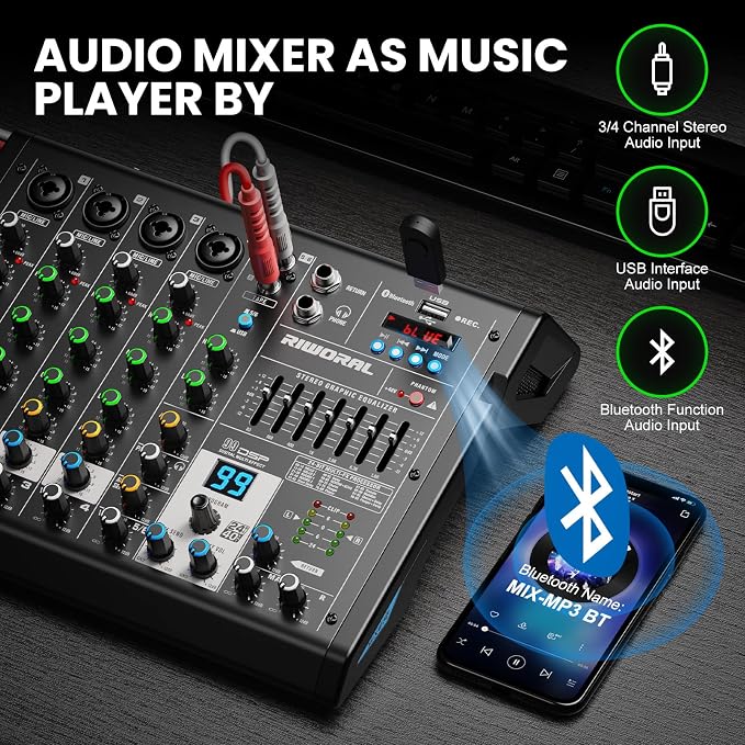 6 Channel Audio Interface Dj Mixer Soundboard Console 99 Dsp Reverb Delay - Image 3