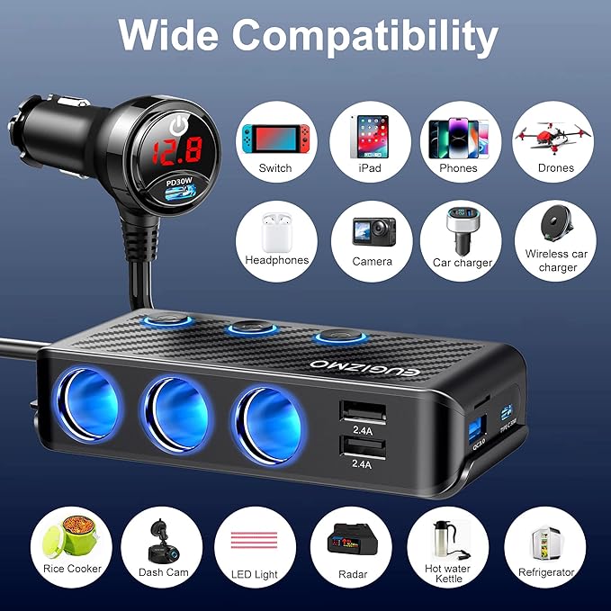 Cigarette Lighter Adapter, 222W 3 Socket Car Cigarette Lighter Plug USB Charger - Image 6