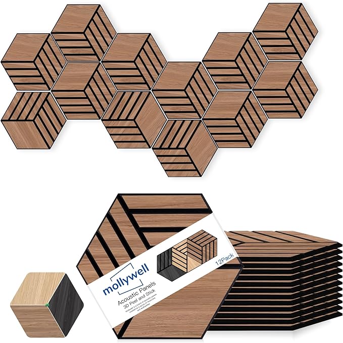 Mollywell Hexagon Acoustic Panels, Walnut TW4, 12 Pack |Wood Veneer|High by Mollywell