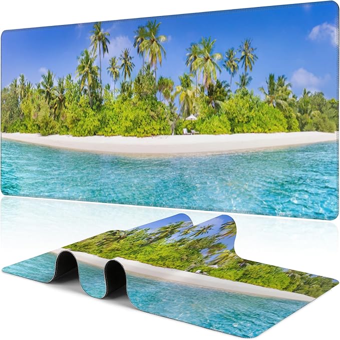 Tropical Nature Landscape Desk Mat, Large Summer Beach Seawater and Palm Trees by NIYLYNSYN