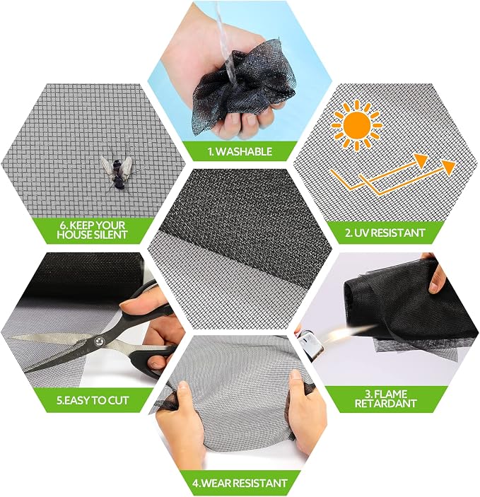 FLYZZZ Windows Screen Door Repair Kit Fiberglass Mesh 48''x118'' Black Window - Image 2