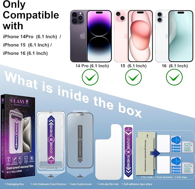 2 Pack Matte Screen Protector for iPhone 16 and 14 Pro 6.1-Inch Auto Dust - Image 2