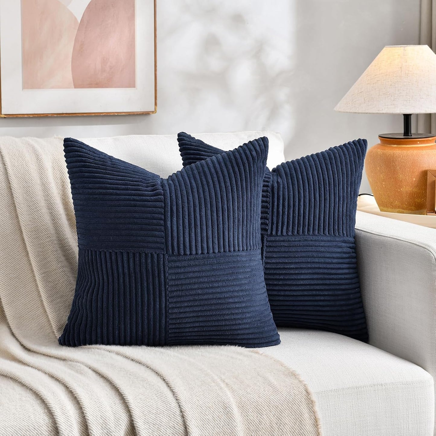 Fancy Homi 2 Packs Navy Blue Big Decorative Throw Pillow Covers 24x24 Inch for Living Room Couch Bed Sofa, Rustic Farmhouse Boho Home Decor, Soft Corss Corduroy Patchwork Accent Cushion Case 60x60 cm