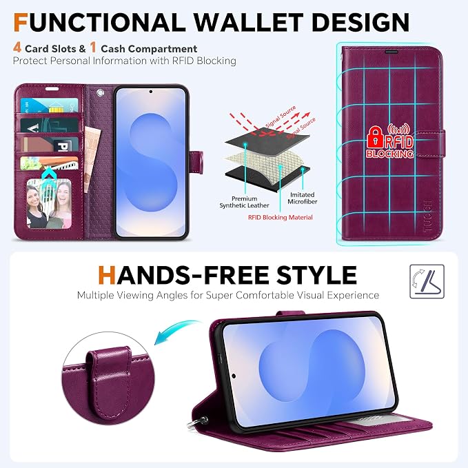TUCCH Case for Galaxy S25 Edge, 2 in 1 Magnetic PU Leather Wallet Wrist Strap - Image 5