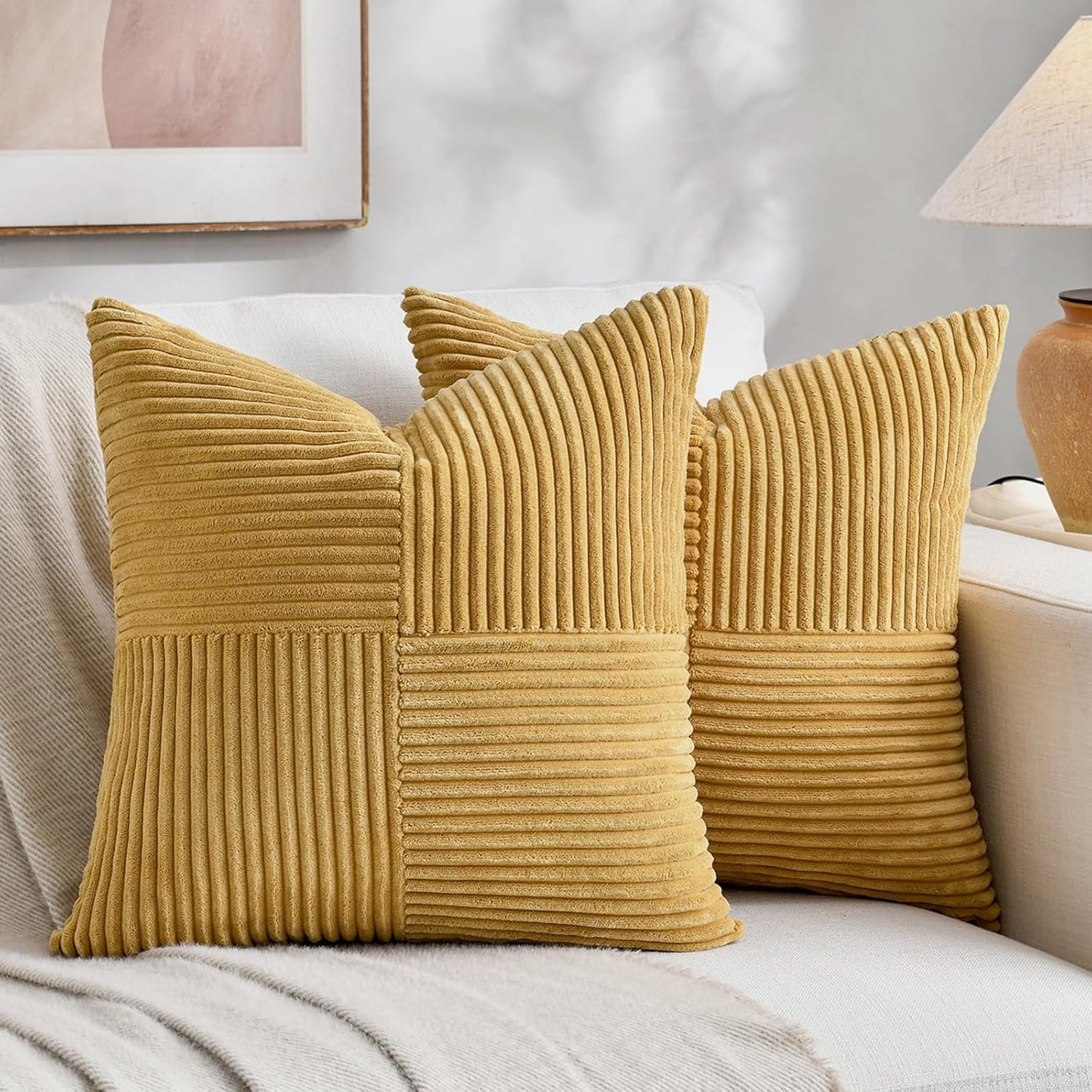 Fancy Homi 2 Packs Mustard Yellow Samll Decorative Throw Pillow Covers 14x14 Inch with for Couch Bed Sofa, Rustic Farmhouse Boho Home Decor, Soft Corss Patchwork Corduroy Square Cushion Case 35x35 cm