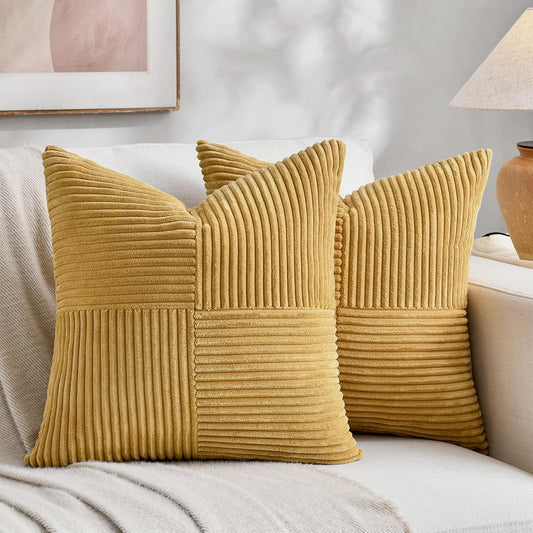Fancy Homi 2 Packs Mustard Yellow Euro Decorative Throw Pillow Covers 26x26 Inch for Living Room Couch Bed, Farmhouse Boho Home Decor, Soft Corss Corduroy Patchwork Square Cushion Case 66x66 cm