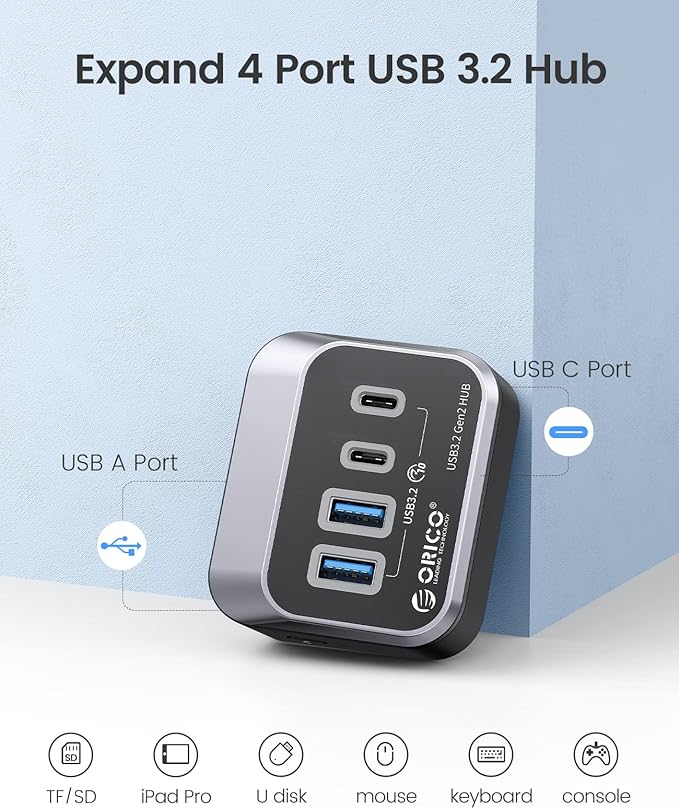 ORICO USB Hub 10Gbps with 2 USB A Ports+2 USB C Ports, USB 3.2 Gen 2 Hub with - Image 4