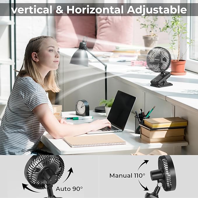10000mAh Clip On Fan, 42H Run, Quiet & Auto Oscillating Table Fan, Rechargeable - Image 3