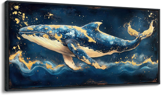 JEAWA Large Framed Canvas Wall Art - 24x48 IN Marine Animal Painting Wall Decor, Blue White Gold Whale Picture, Modern Art Prints for Living Room Bedroom Bathroom Home Decoration
