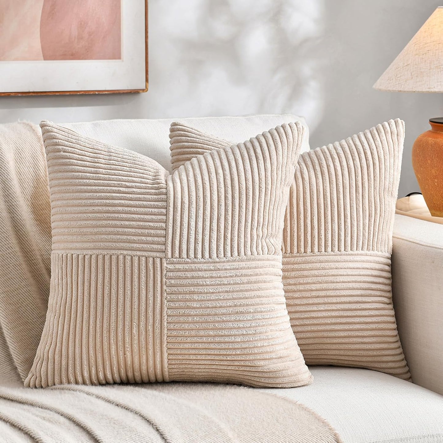 Fancy Homi 2 Packs Tan Decorative Throw Pillow Covers 18x18 Inch for Living Room Couch Bed, Rustic Farmhouse Boho Home Decor, Soft Corss Corduroy Patchwork Textured Square Beige Cushion Case 45x45 cm
