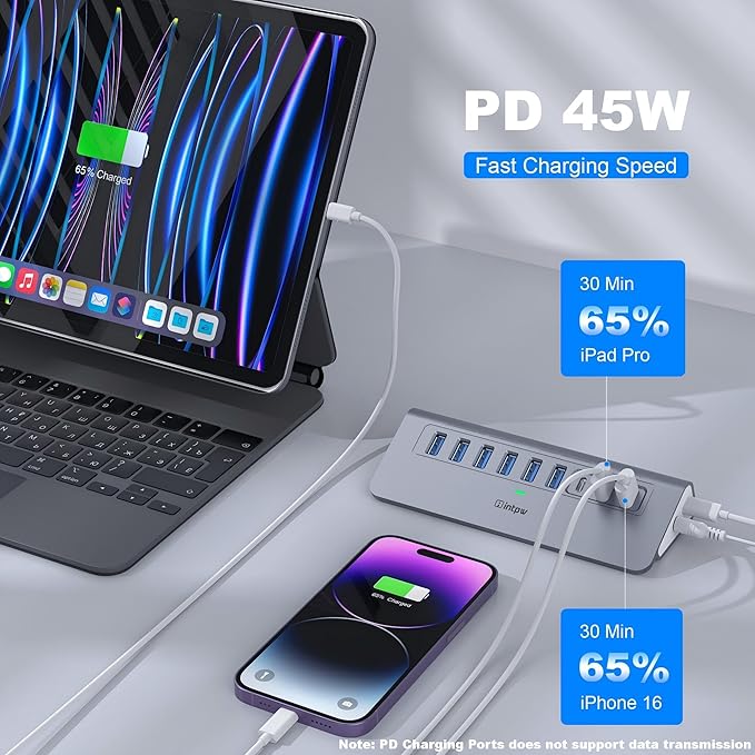 Powered USB Hub 10Gbps, intpw YH6AC 9-Port USB HUB - Image 5