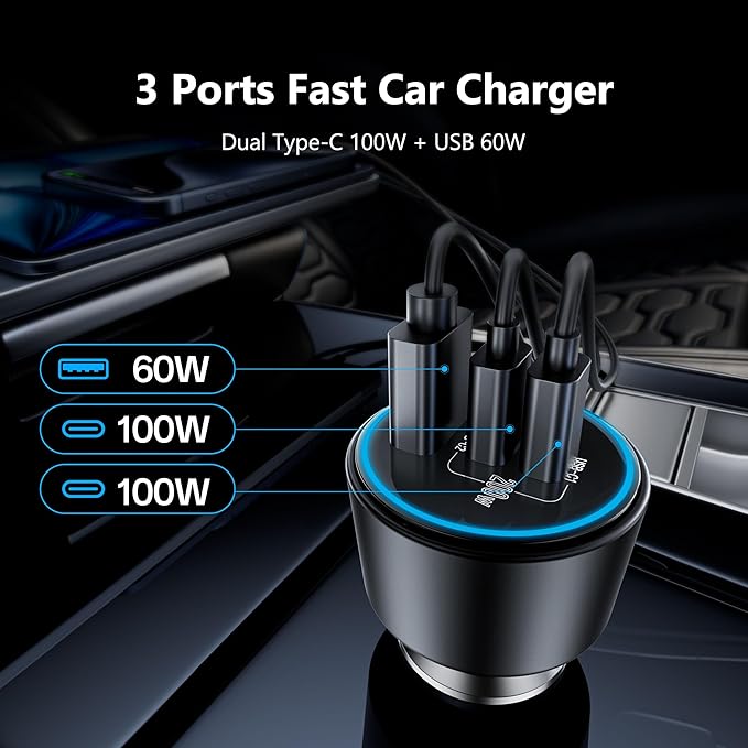 USB C Car Charger Fast Charging 200W, Dual PD 100W Type C Car Charger, - Image 3