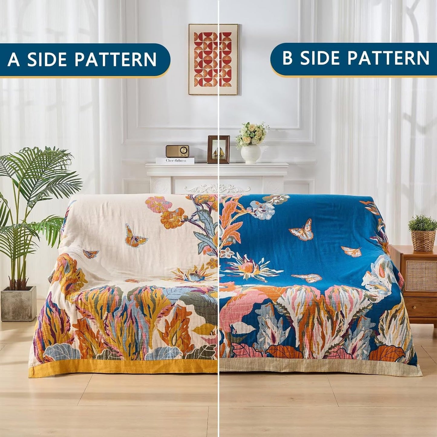 100% Muslin Throw Blanket for Couch, Butterfly and Floral Double Embroidery Summer Throw Blanket 60"x80" for Bed, Chair, Woven Cotton Reversible Mexican Blanket