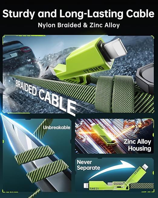 SHEZI 4-in-1 USB C Cable 60W 10FT Fast Charging Flat Nylon Braided Charger Cord - Image 5