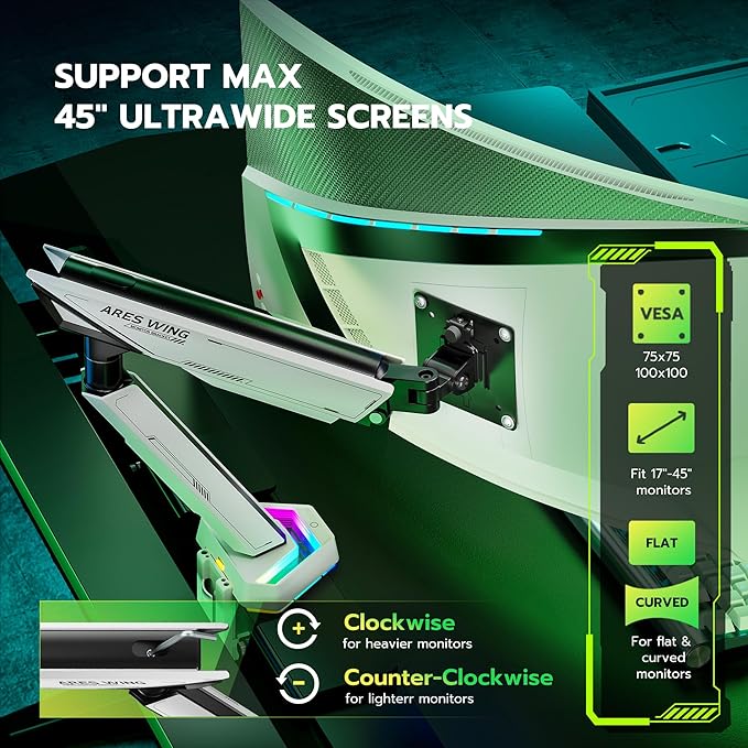 ARES WING RGB Single Monitor Arm Desk Mount - Image 4