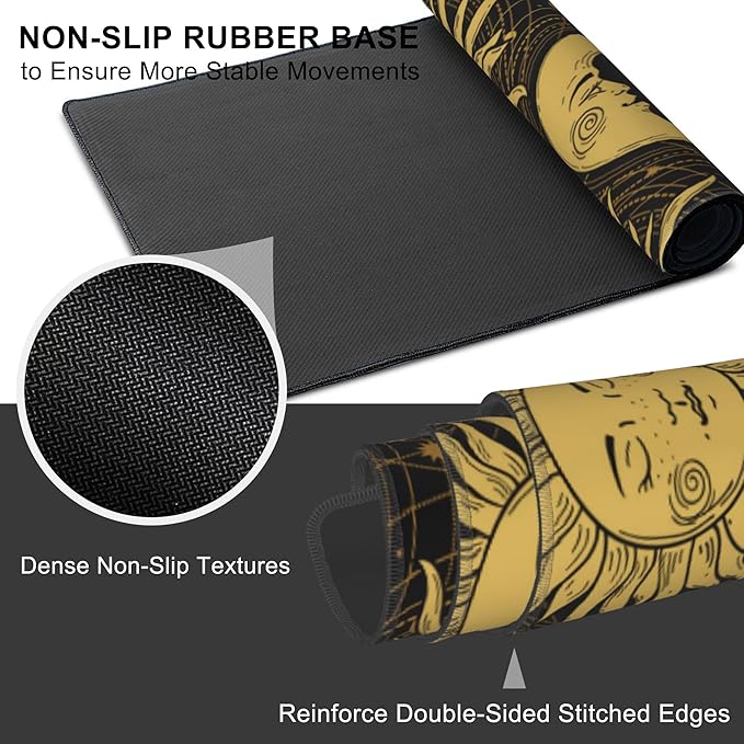 Mouse Pad, Large Golden Sun and Crescent Desk Mat, Extended Non-Slip Gaming - Image 3